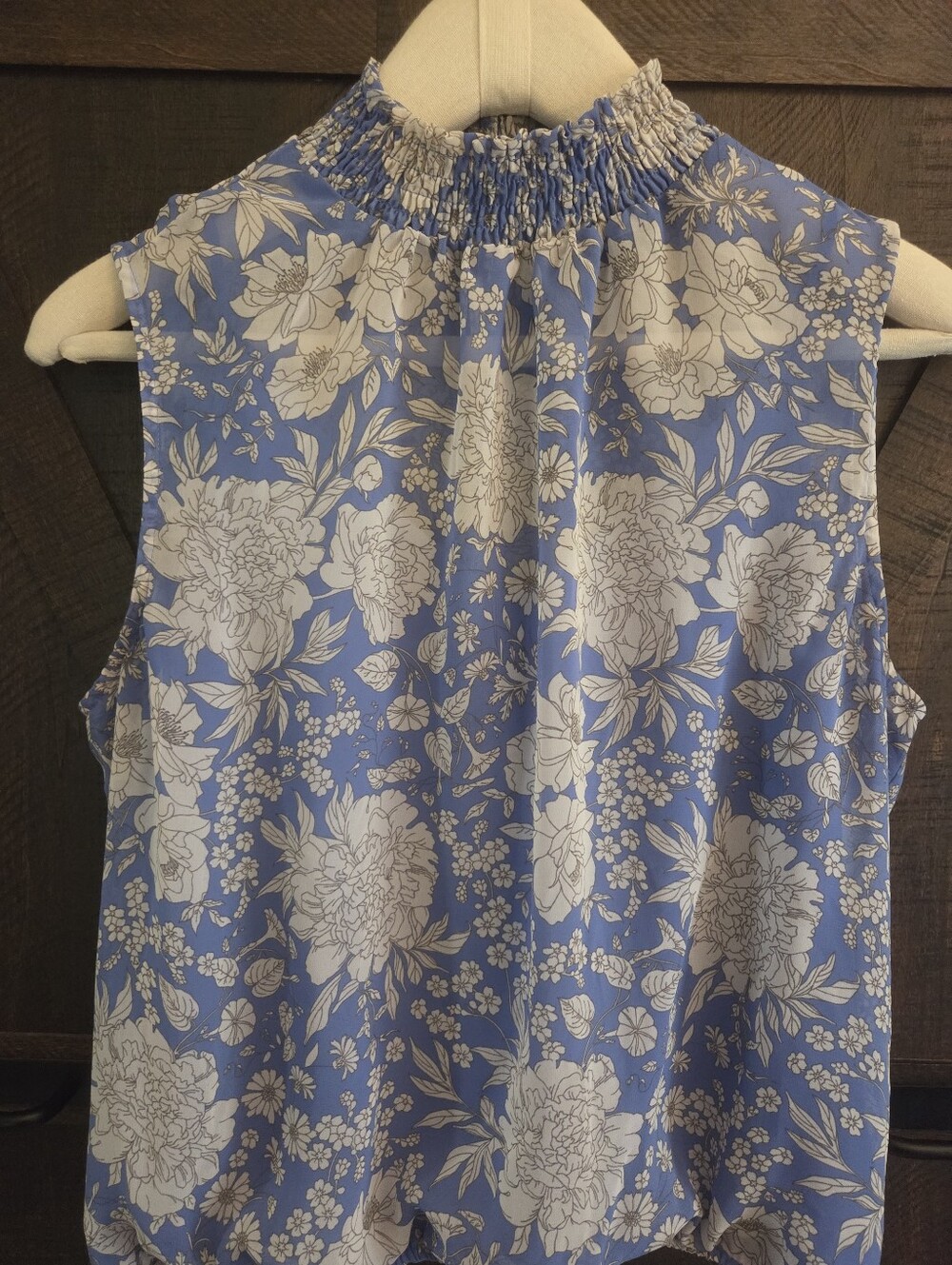 Express Blue Floral Smocked Neck Sleeveless Top